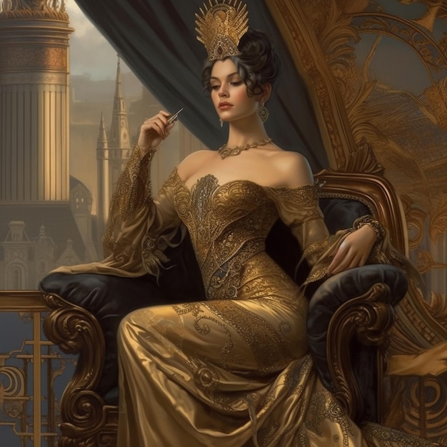 eine Frau in einem goldenen Kleid sitzt in einem Stuhl mit einem golden-schwarzen Kleid.