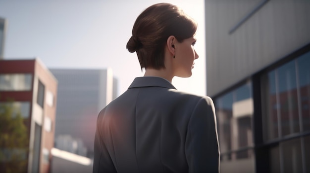 Eine Frau in einem grauen Anzug steht vor einem Gebäude
