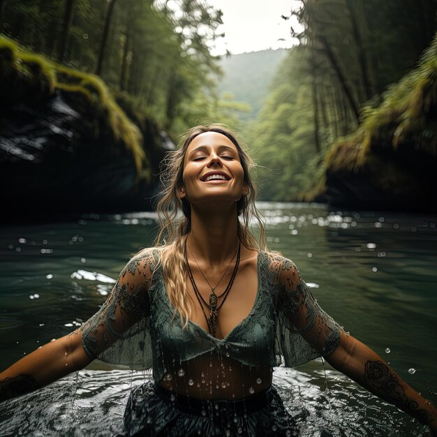 Foto eine frau in einem grünen badeanzug lächelt im wasser