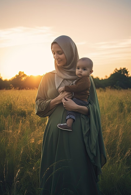 Eine Frau in einem grünen Hijab hält ein Baby auf einem Feld.