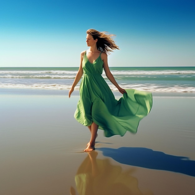 Eine Frau in einem grünen Kleid geht am Strand spazieren