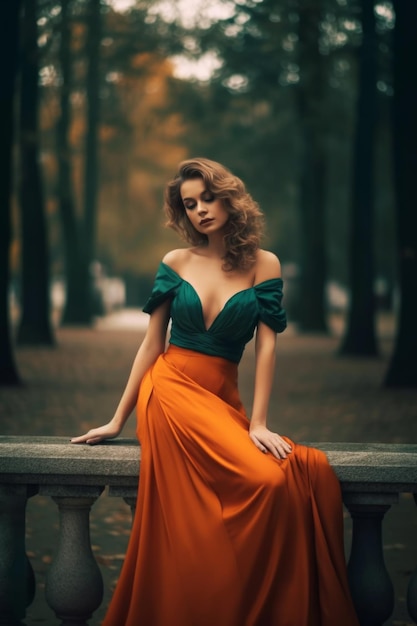 Eine Frau in einem grünen Kleid sitzt auf einer Steinbank im Wald.