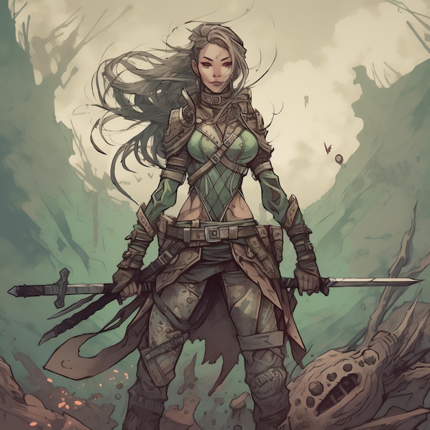 Eine Frau in einem grünen Outfit mit einem Schwert in der Hand.