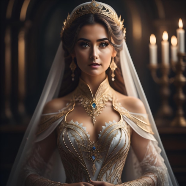Eine Frau in einem Hochzeitskleid mit einer Krone und einer Krone.