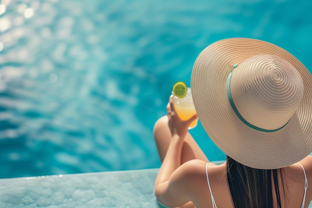 Eine Frau in einem Hut entspannt sich mit einem Getränk am Pool