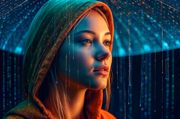 Eine Frau in einem Kapuzenpullover blickt in den Regen