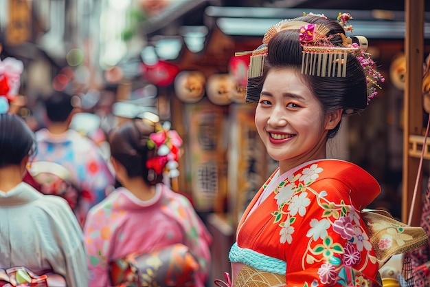 Eine Frau in einem Kimono lächelt in die Kamera