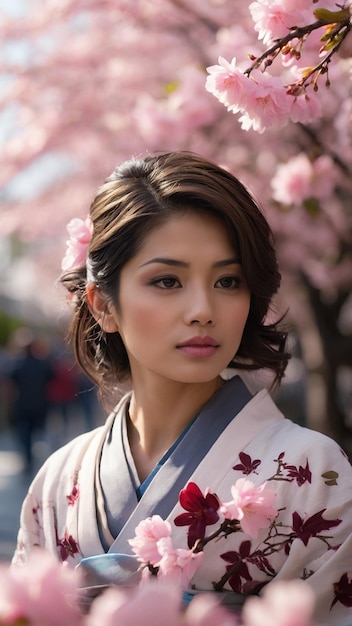 eine Frau in einem Kimono mit einem Kirschblütenbaum im Hintergrund
