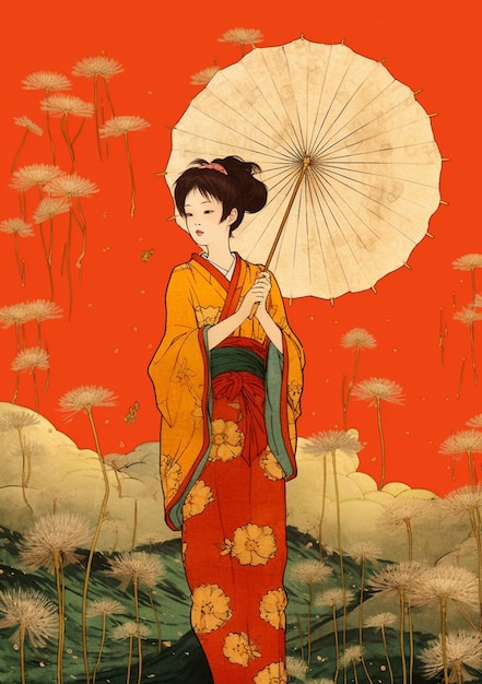 Eine Frau in einem Kimono steht auf einem Feld und hält einen Regenschirm.