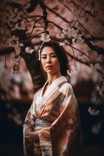 Eine Frau in einem Kimono steht unter einem Baum. Generatives KI-Bild