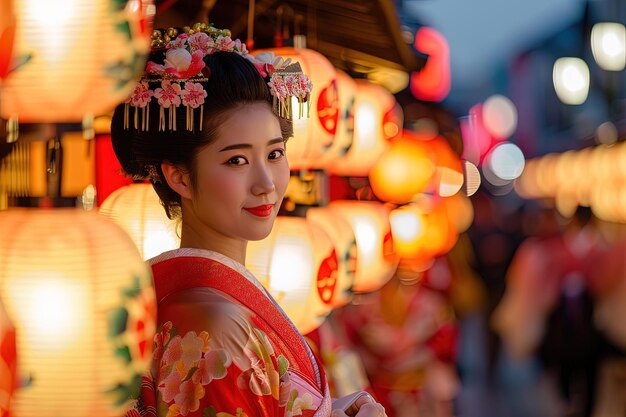 Eine Frau in einem Kimono steht vor Laternen