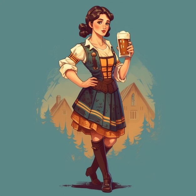 Foto eine frau in einem kleid, die ein bierglas vor einem haus hält