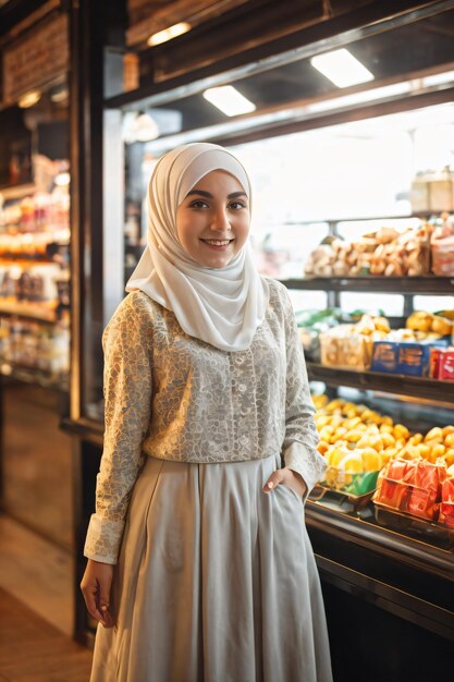 eine Frau in einem Kleid, die vor einem Obststand steht