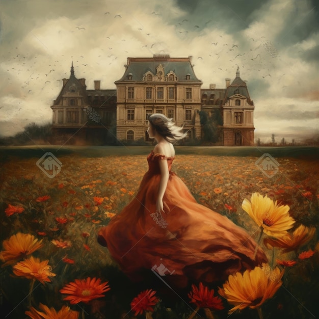 Eine Frau in einem Kleid geht durch ein Blumenfeld, im Hintergrund ein Schloss.