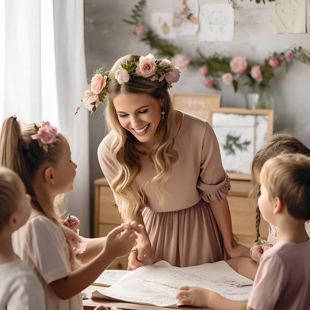 eine Frau in einem Kleid mit Blumen auf dem Kopf liest ein Buch.