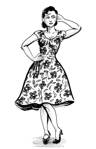 Eine Frau in einem Kleid mit Blumenmuster darauf