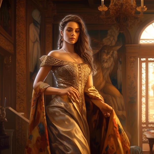 eine Frau in einem Kleid mit einem langärmigen Hemd und einer goldenen Schärpe steht vor einem Fenster.