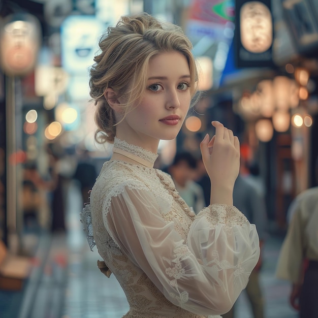 eine Frau in einem Kleid mit einer roten Blume in der Hand