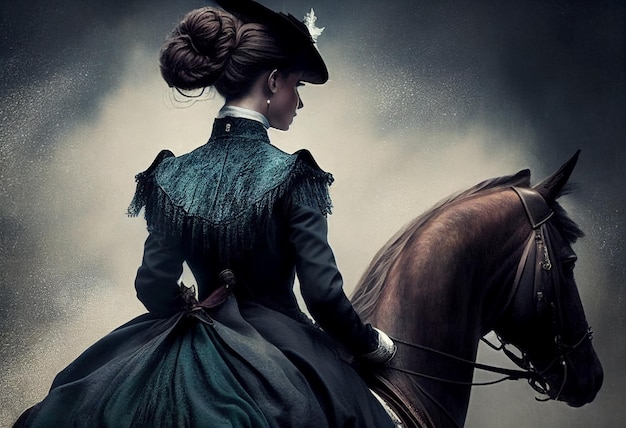 Eine Frau in einem Kleid reitet auf einem Pferd im viktorianischen Stil
