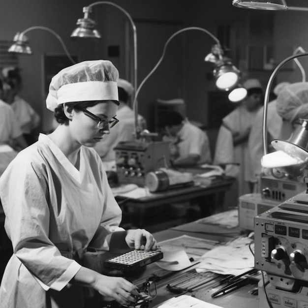 Eine Frau in einem Labor mit einigen kleinen Objekten auf einem Tisch.