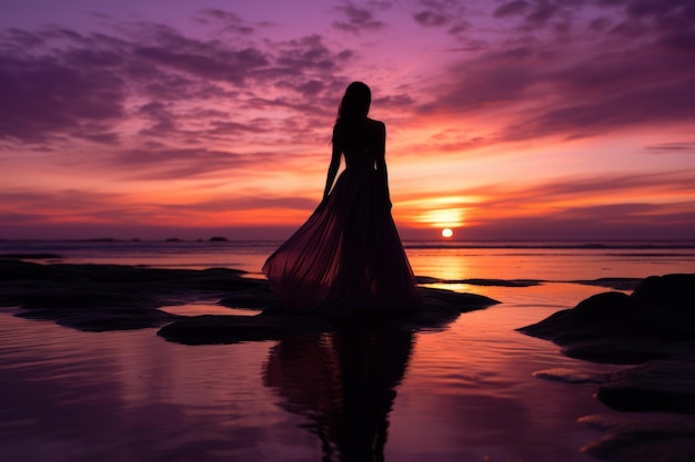 eine Frau in einem langen Kleid steht bei Sonnenuntergang am Strand