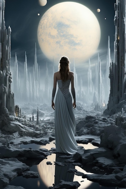 Eine Frau in einem langen weißen Kleid steht bei Vollmond in einer felsigen Gegend
