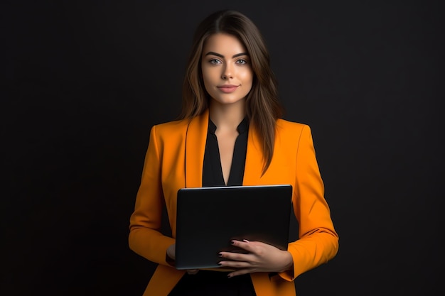 Eine Frau in einem leuchtend orangefarbenen Blazer hält einen Laptop in ihren Händen