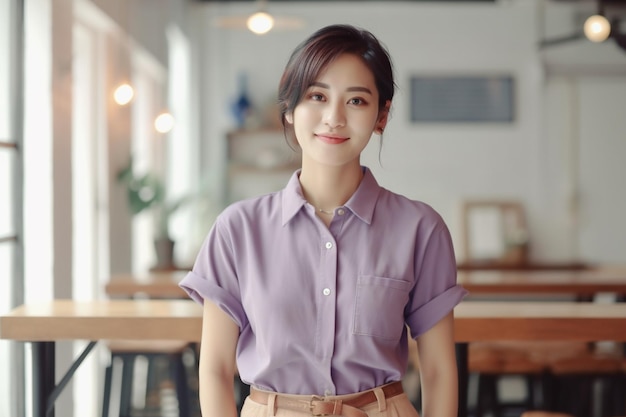 Eine Frau in einem lila Hemd lächelt in die Kamera.