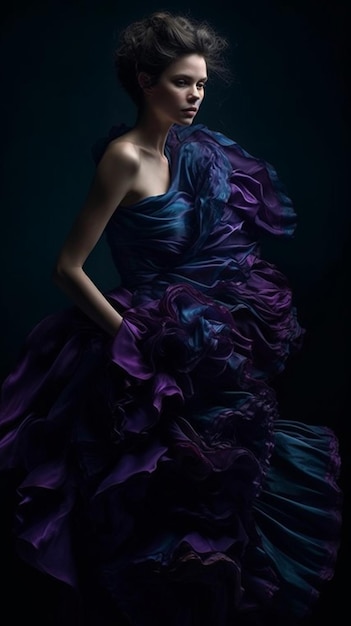 Eine Frau in einem lila Kleid steht in einem dunklen Raum mit schwarzem Hintergrund.