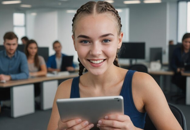 Foto eine frau in einem marine-tank-top benutzt ein digitales pad in einer büroumgebung ihr heller ausdruck