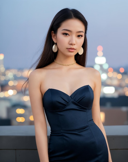 Eine Frau in einem marineblauen Kleid steht auf einem Balkon mit der Skyline einer Stadt im Hintergrund.