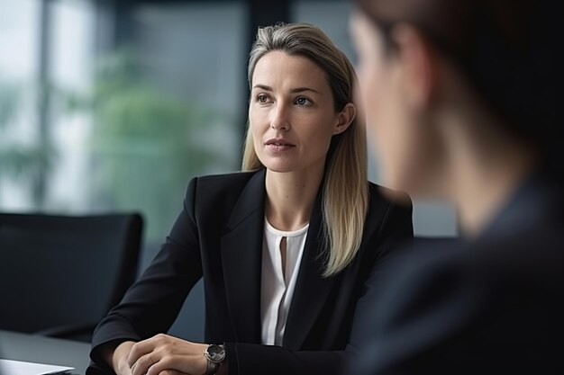 Eine Frau in einem Meeting mit einem Mann im Anzug