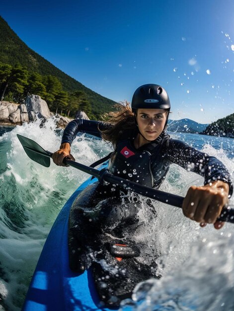 Foto eine frau in einem neoprenanzug, die ein kajak paddelt