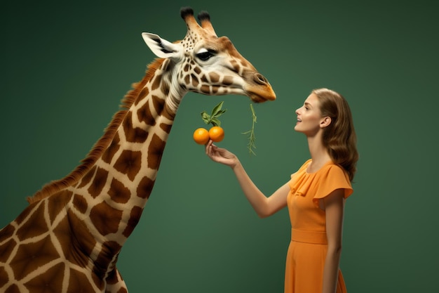 Foto eine frau in einem orangefarbenen kleid füttert eine giraffe, die auf dem grünen wandhintergrund isoliert ist