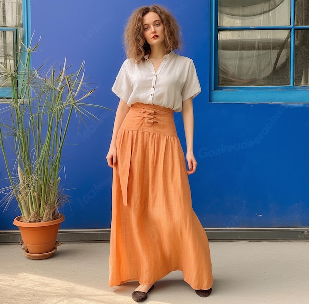 Eine Frau in einem orangefarbenen Kleid steht vor einer blauen Wand mit einer Pflanze im Fenster.