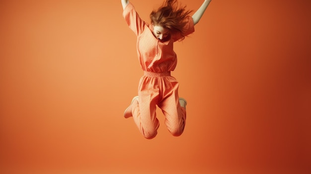 Eine Frau in einem orangefarbenen Overall springt in die Luft.
