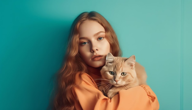 Eine Frau in einem orangefarbenen Pullover hält eine Katze