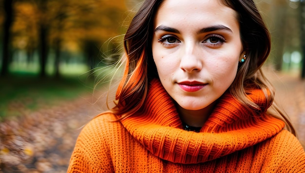 Eine Frau in einem orangefarbenen Pullover steht in einem Park.