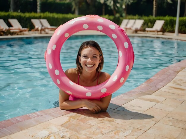 Foto eine frau in einem pool mit einem rosa schwimmer in der mitte