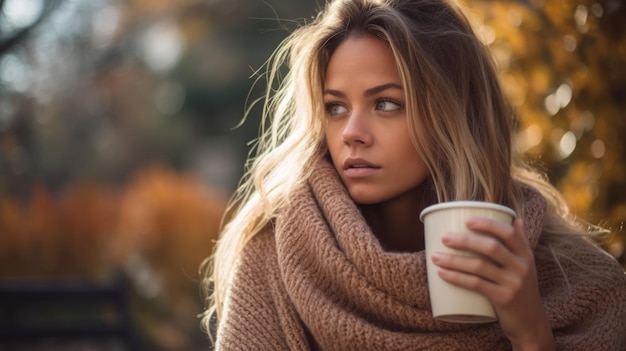 Eine Frau in einem Pullover hält eine Tasse Kaffee