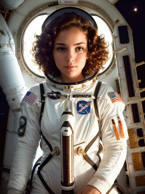 Eine Frau in einem Raumanzug mit dem Wort „Space“ auf dem Ärmel