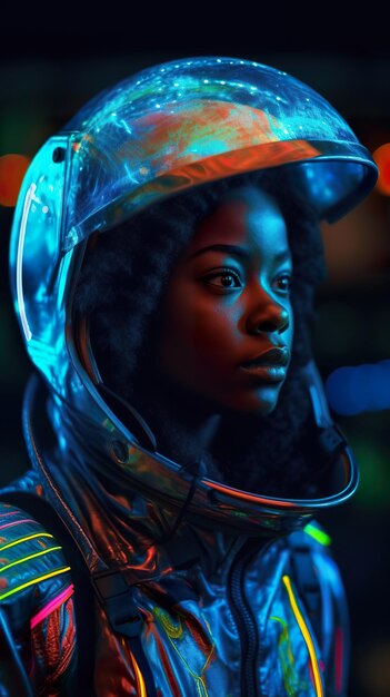 Eine Frau in einem Raumanzug mit Helm auf einem generativen KI-Bild