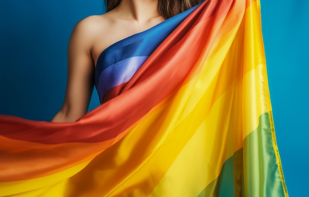 Eine Frau in einem regenbogengestreiften Kleid hält eine Regenbogenfahne.