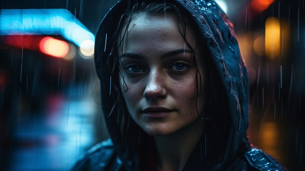 Eine Frau in einem Regenmantel steht im Regen mit dem Wort Regen im Gesicht.