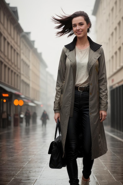 Eine Frau in einem Regenmantel und einer Tasche geht eine nasse Straße entlang.