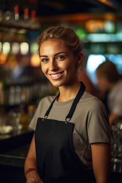 Eine Frau in einem Restaurant, die eine Schürze trägt