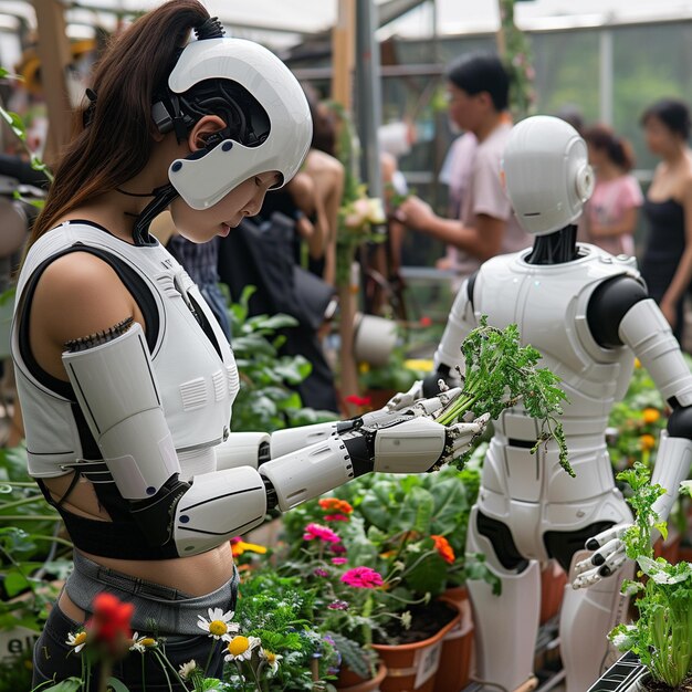 Foto eine frau in einem roboterkostüm hält blumen und pflanzen