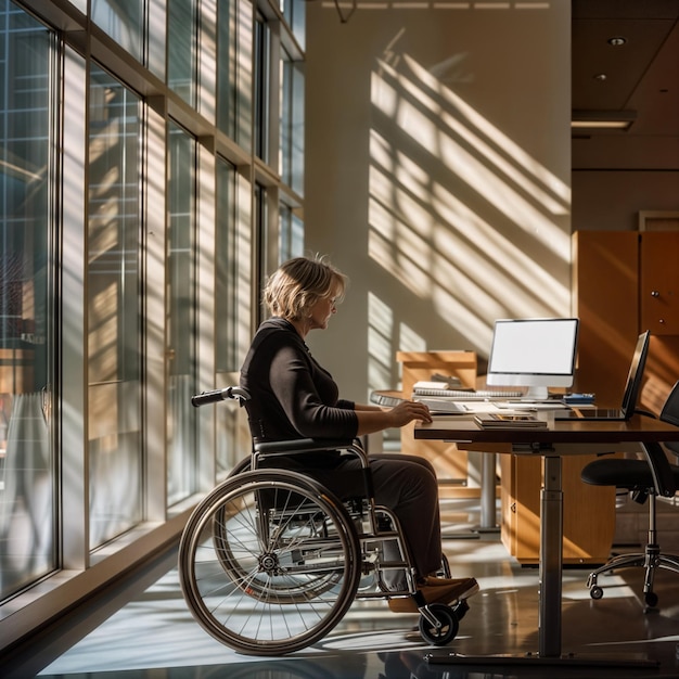 eine Frau in einem Rollstuhl arbeitet an ihrem Computer