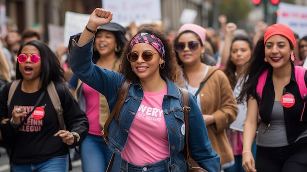 Eine Frau in einem rosa Hemd mit der Aufschrift „ver“ hält ein Schild mit der Aufschrift „ver“ in der Hand