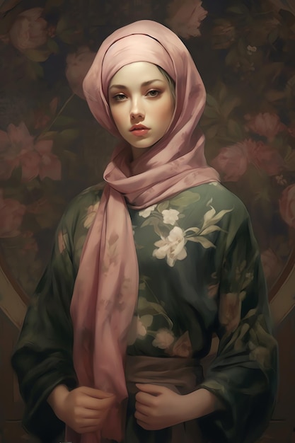 Eine Frau in einem rosa Hijab mit Blumenmuster